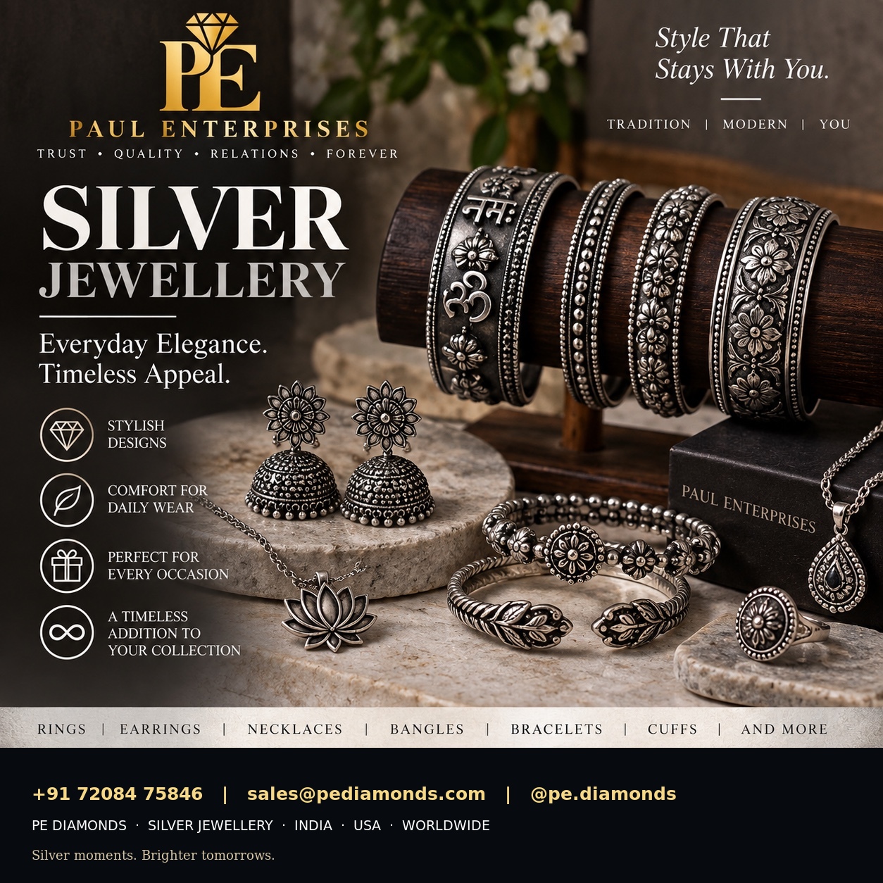 PE Diamonds silver jewellery collection poster